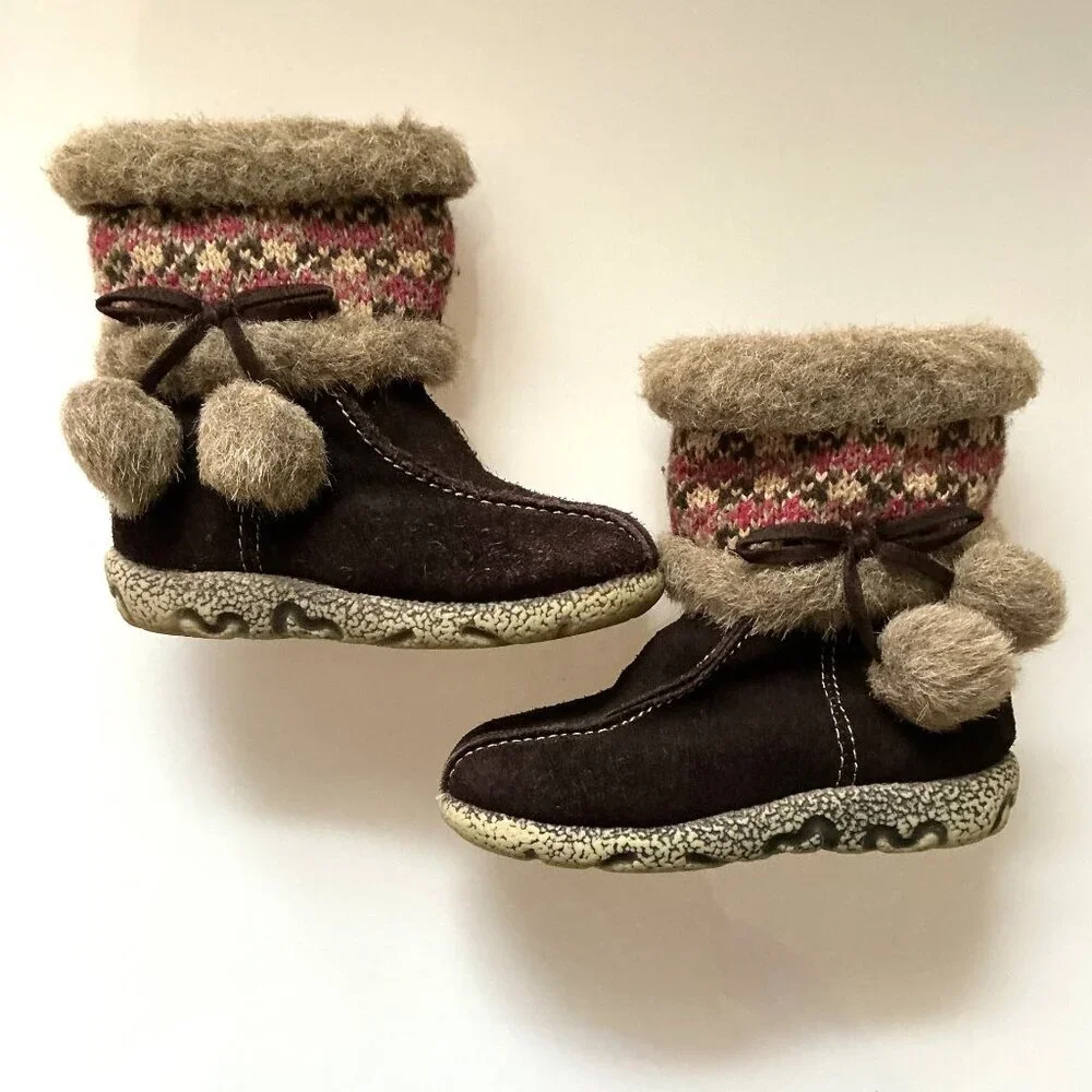 Cherokee Toddler Girls Winter Boots Size 6 Brown Suede Fair Isle Pom -Pom